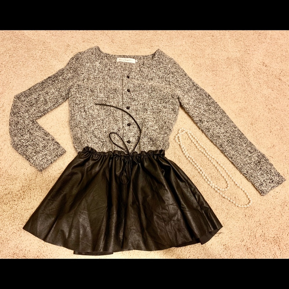 Bicolor & material long sleeve Cardigan dress